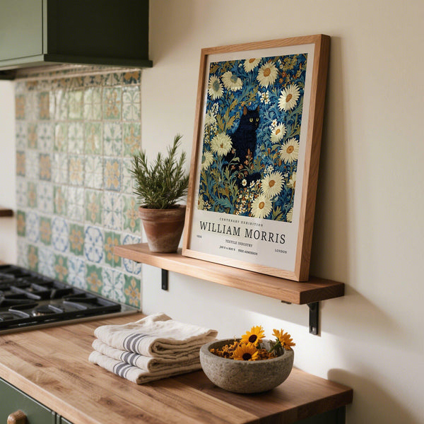Black Cat Art Print showing golden-eyed cat amid detailed indigo flowers.
