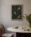 Ornamental bird poster print showing cranes in flight with layered dot pattern and soft feather texture