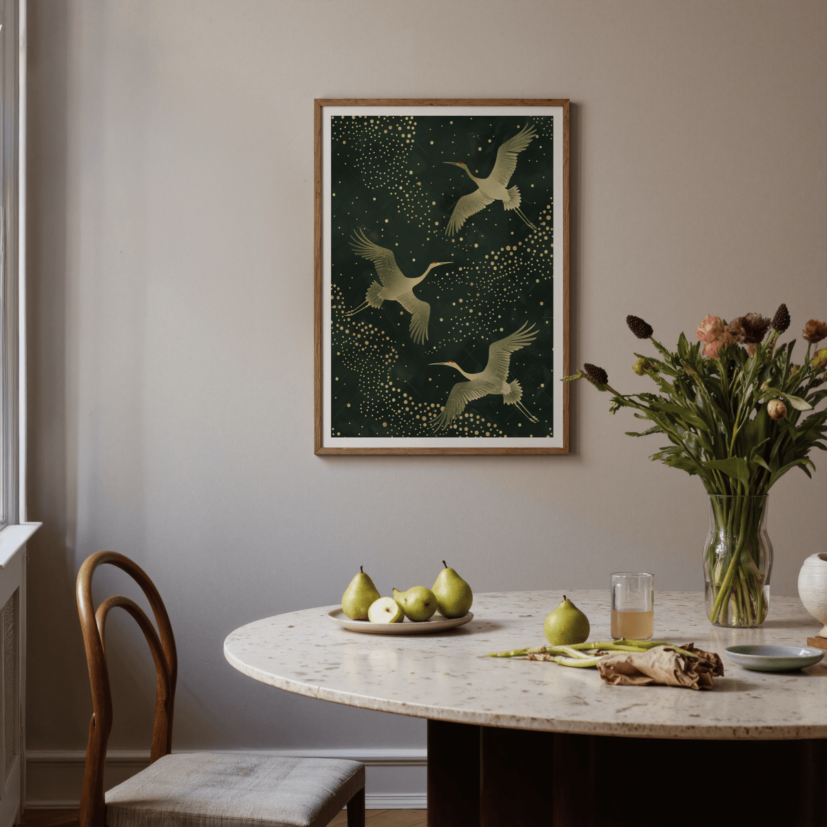 Ornamental bird poster print showing cranes in flight with layered dot pattern and soft feather texture