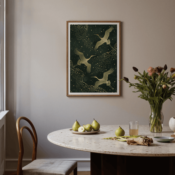 Ornamental bird poster print showing cranes in flight with layered dot pattern and soft feather texture