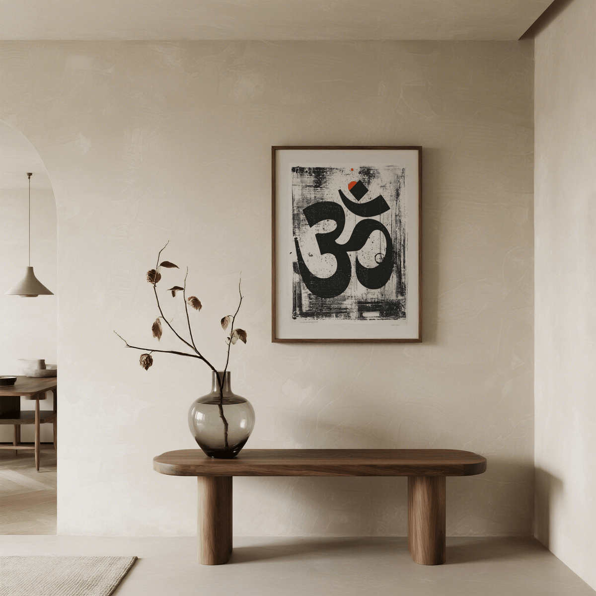 Framed Abstract Om Art Print leaning on shelf with meditation props