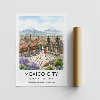 City square illustration poster with small figures, market tents, and layered buildings