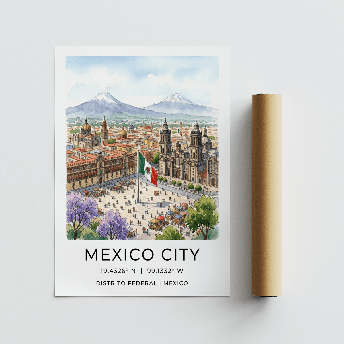 City square illustration poster with small figures, market tents, and layered buildings