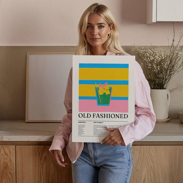 Drink wall art for kitchen with Old Fashioned cocktail and pink base.