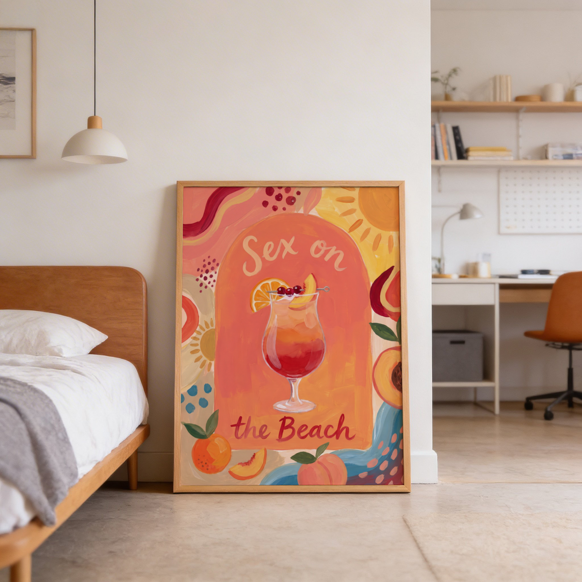 Close-up drink illustration poster highlighting layered cocktail colors and skewer garnish