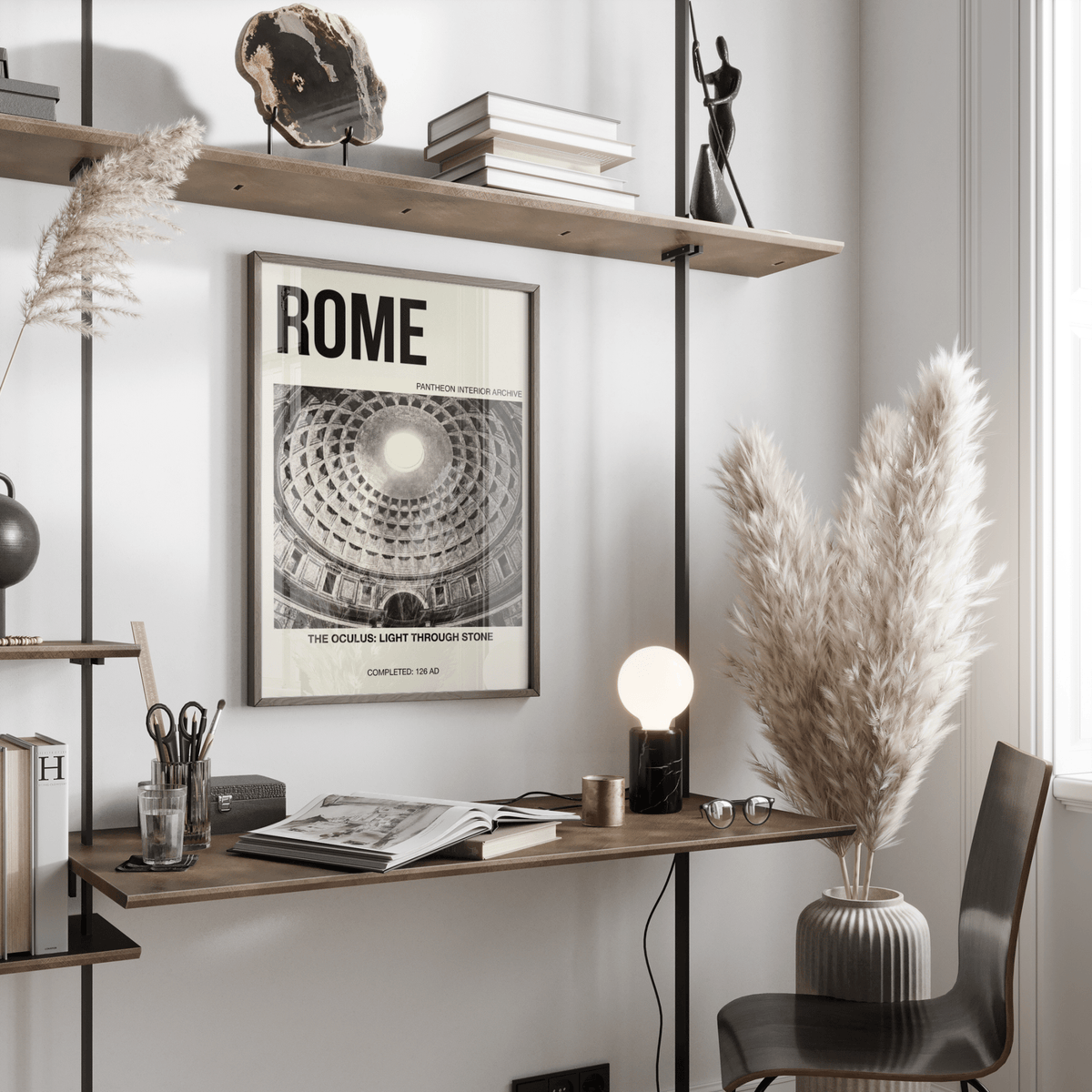 Typography-led Rome architecture poster print with Pantheon dome interior photo