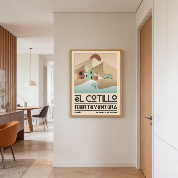 Graphic destination wall art print with simplified buildings, dunes backdrop, and a sun above the horizon