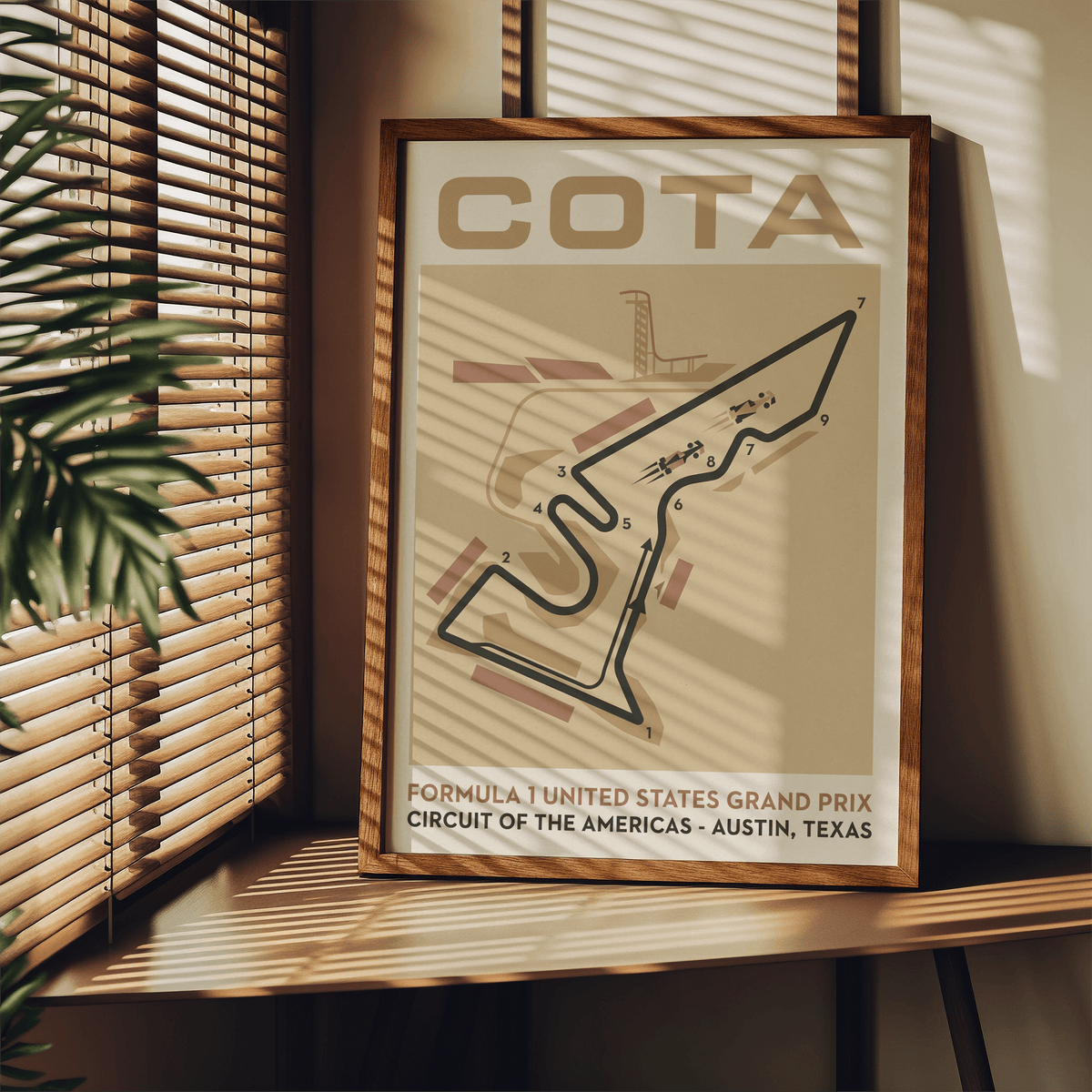 Modern racing circuit map wall art print with turn markers 1 through 9 and car icons