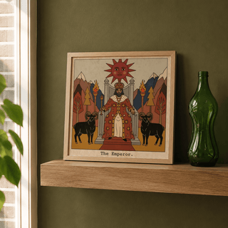 Illustrated The Emperor Tarot Card Art wall print with crowned figure and torches