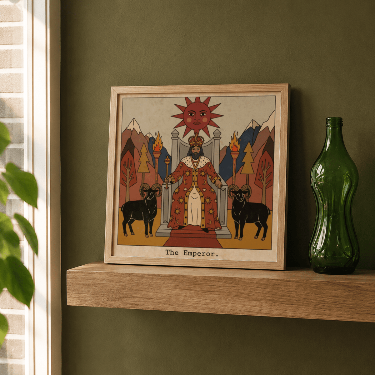 Illustrated The Emperor Tarot Card Art wall print with crowned figure and torches