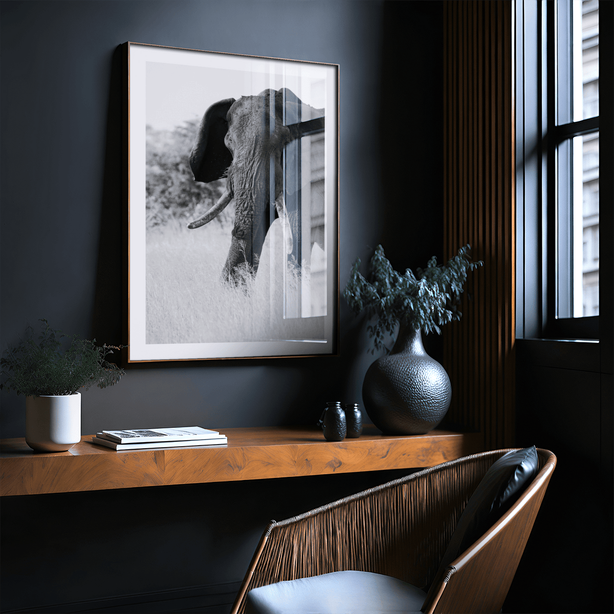 Elephant Black and White Art Print close-up wildlife wall art with textured face