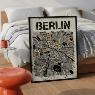 Modern Berlin City Map Wall Art print with district names and grid layout