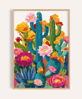 Cactus Flower Art Print with pink blue orange for living room wall art