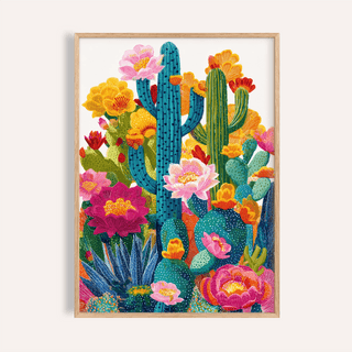 Framed colourful cactus flower art illustration with detailed botanical-illustration style