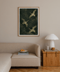 Illustrated crane wall art print with diagonal flight poses and scattered dots across the background