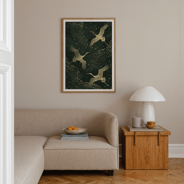 Illustrated crane wall art print with diagonal flight poses and scattered dots across the background