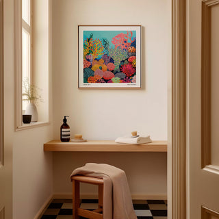 Tropical sea wall art featuring pink, orange, and green coral inspired by Yayoi Kusama's style.