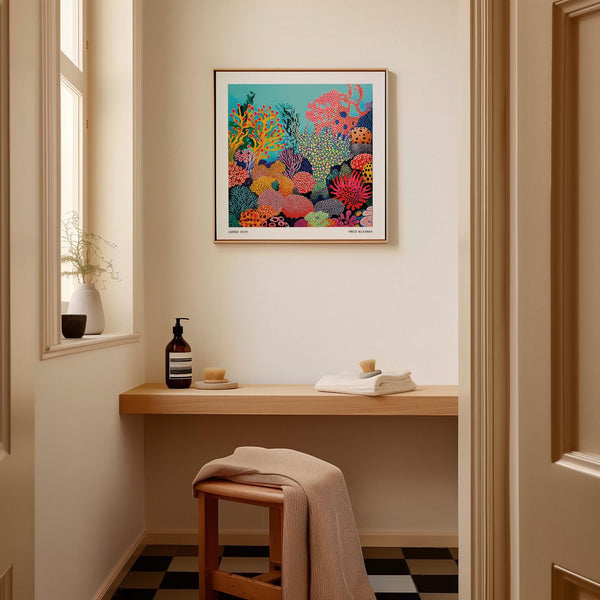 Tropical sea wall art featuring pink, orange, and green coral inspired by Yayoi Kusama&#39;s style.