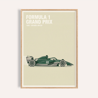 Foreground view of open-wheel race car poster print with Formula 1 Grand Prix text
