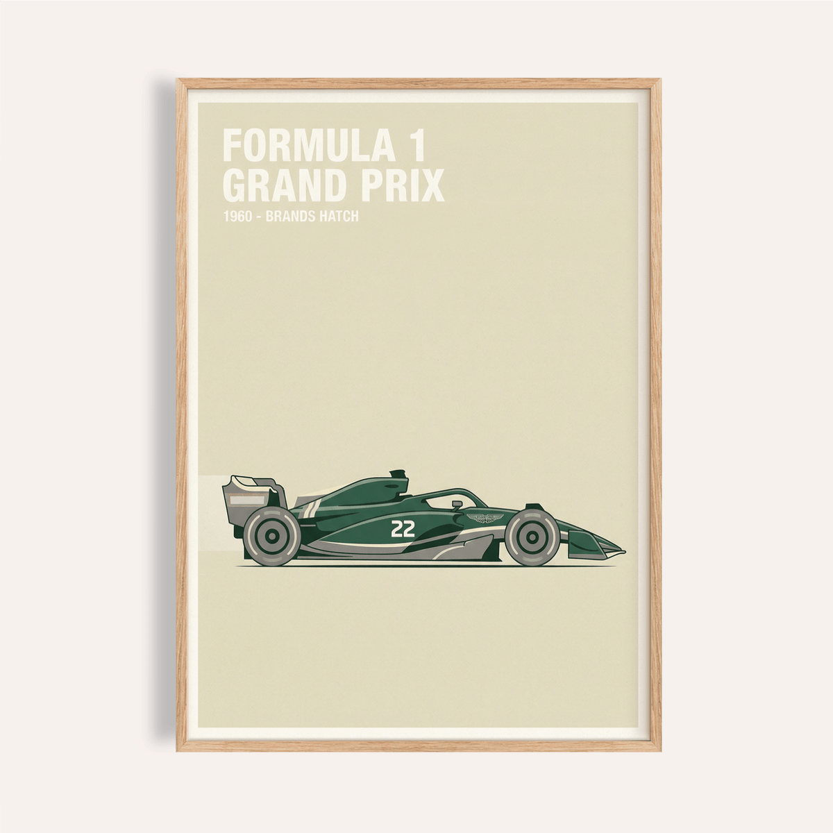 Foreground view of open-wheel race car poster print with Formula 1 Grand Prix text