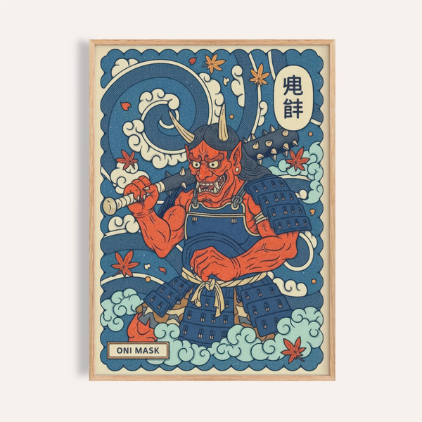 Front view Japanese Oni Mask Print poster with horned oni warrior holding a spiked club