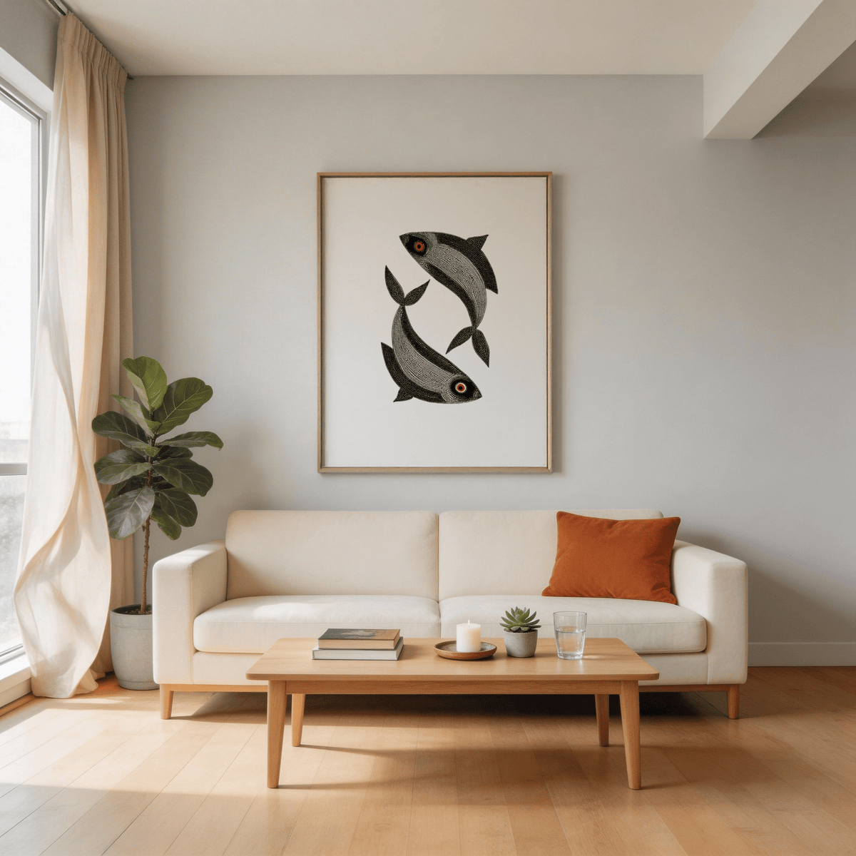 Folk art fish illustration with geometric water lines and warm palette