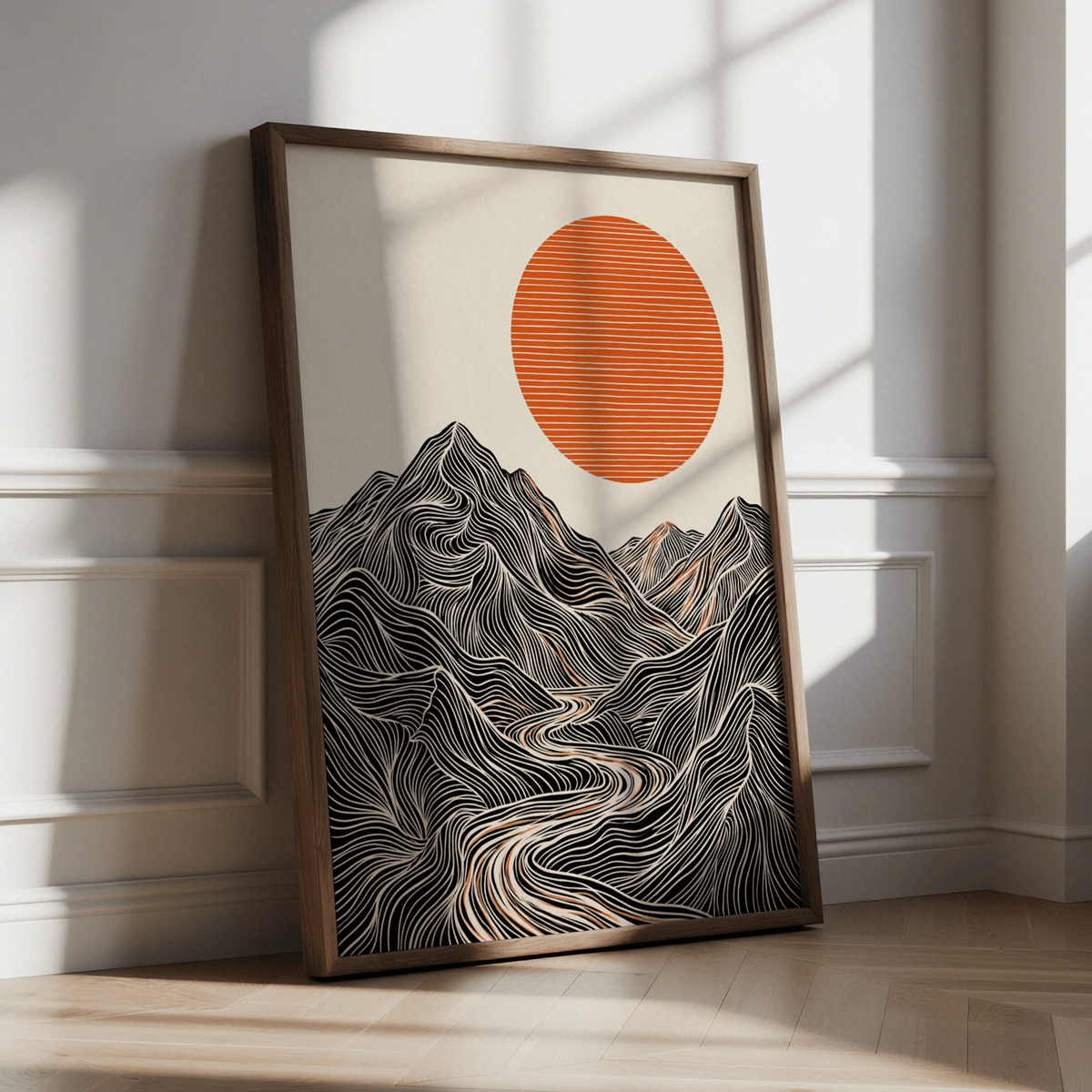 Abstract Nature Wall Art with bold black lines and orange sun for hallway wall art