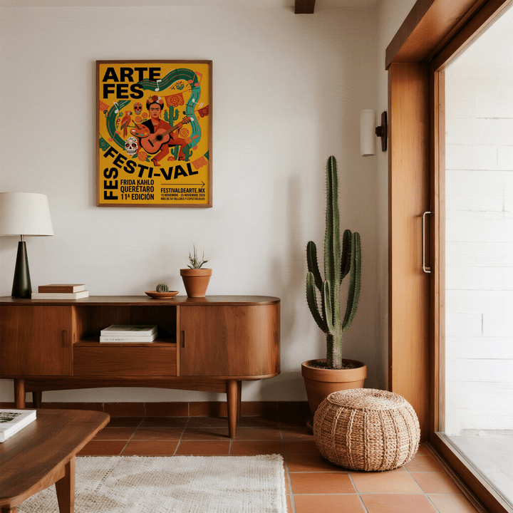 Frida Kahlo art print with bright yellow background hung above a wooden sideboard and next to a tall cactus in a sunlit room