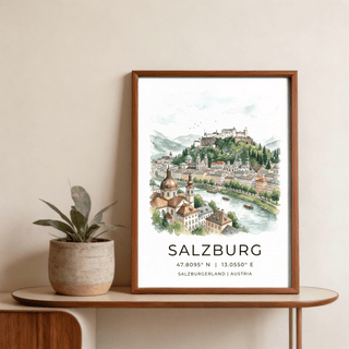 White border travel art with coordinates under Austrian skyline illustration