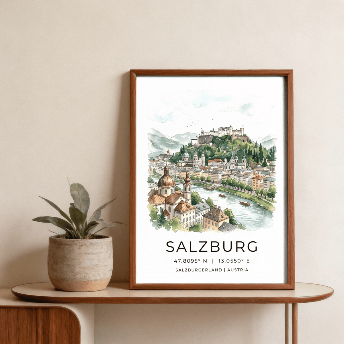 White border travel art with coordinates under Austrian skyline illustration