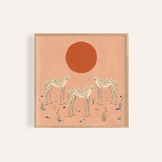 Illustrated cheetah trio wall art print with round sun and grasses
