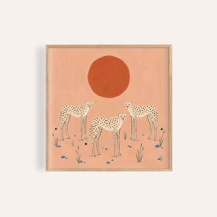 Illustrated cheetah trio wall art print with round sun and grasses