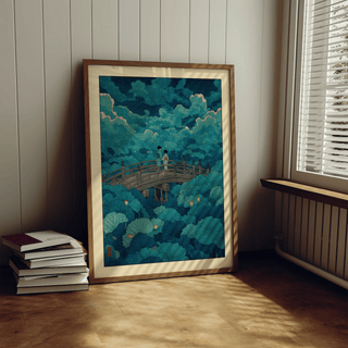 Serene garden bridge scene poster print with lotus leaves in layered pattern