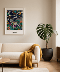 Centered wolf wall art print in a galaxy scene with crescent moons and checkerboard mountains