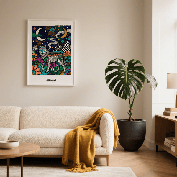 Centered wolf wall art print in a galaxy scene with crescent moons and checkerboard mountains