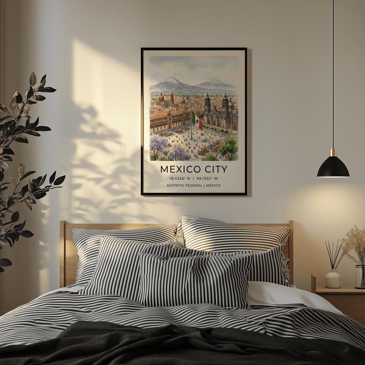 Detailed Mexico City Poster wall art print with central flagpole and bustling plaza scene