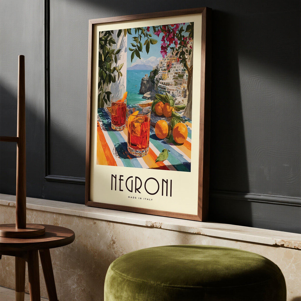 Italian Drink Posters featuring two Negronis with coastal view and bright Mediterranean fruit.