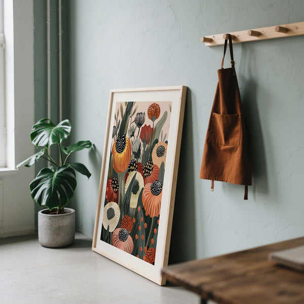 Abstract floral burnt orange wall art with dotted black and gold centers