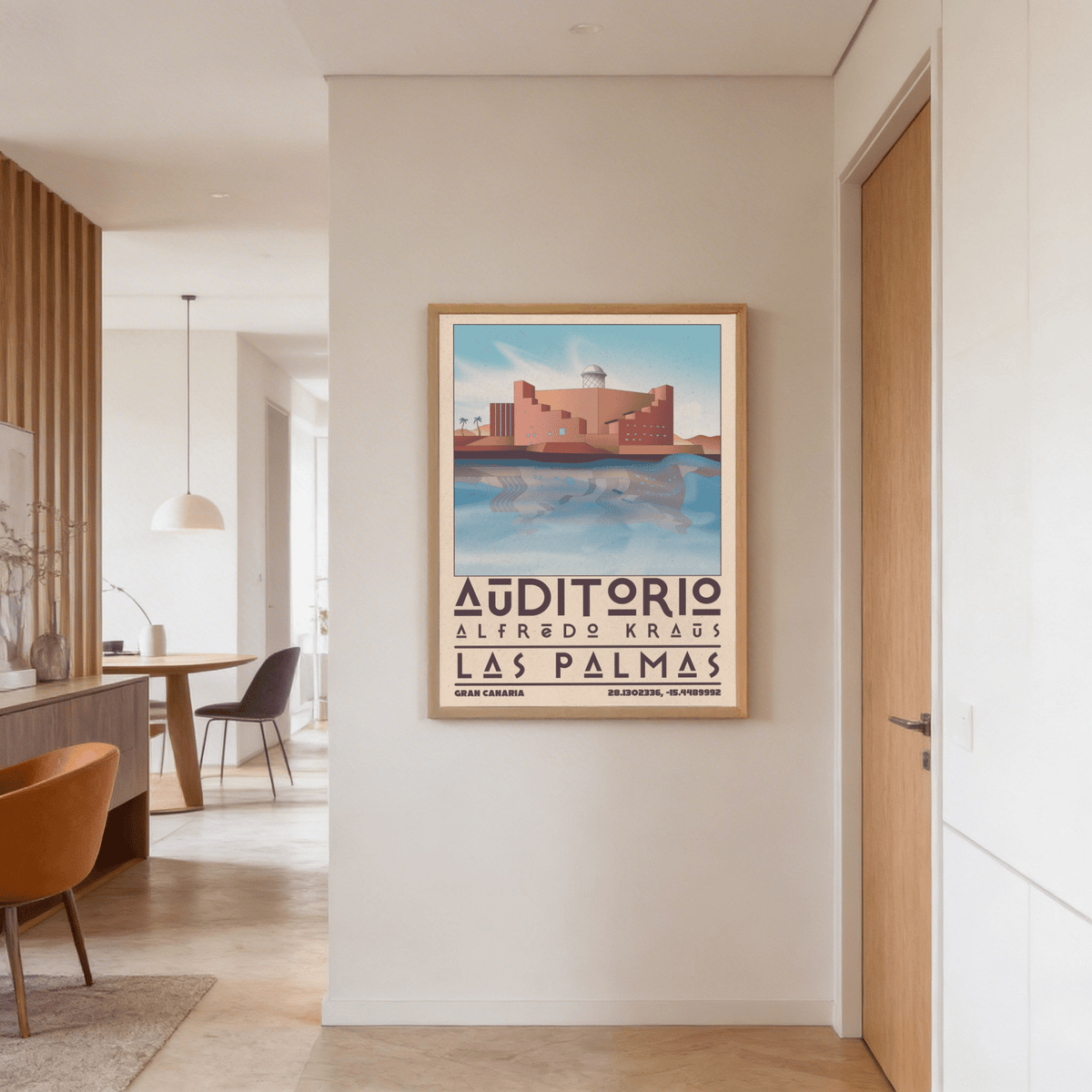 Retro travel poster of Auditorio Alfredo Kraus in Blue Orange Red Beige