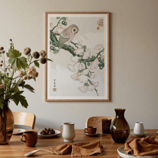 Archival-style Owl Art Print with owl, branch, and vertical characters