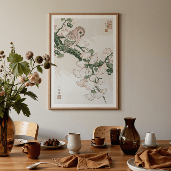 Archival-style Owl Art Print with owl, branch, and vertical characters