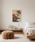 Japanese Floral Wall Art showing red flowers and green leaves for bedroom
