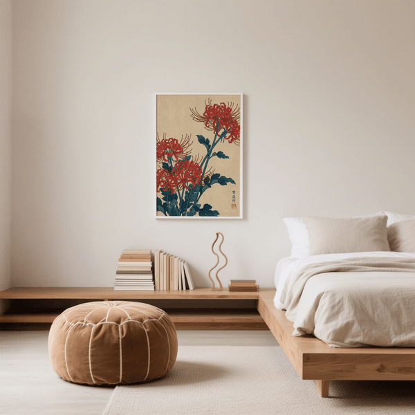 Japanese Floral Wall Art showing red flowers and green leaves for bedroom