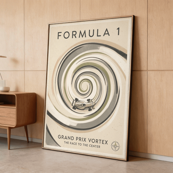 Grand Prix Racing Poster mockup on gray wall beside office desk