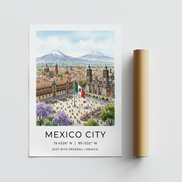 Panoramic city square wall art with people in the plaza, flagpole, and historic buildings poster
