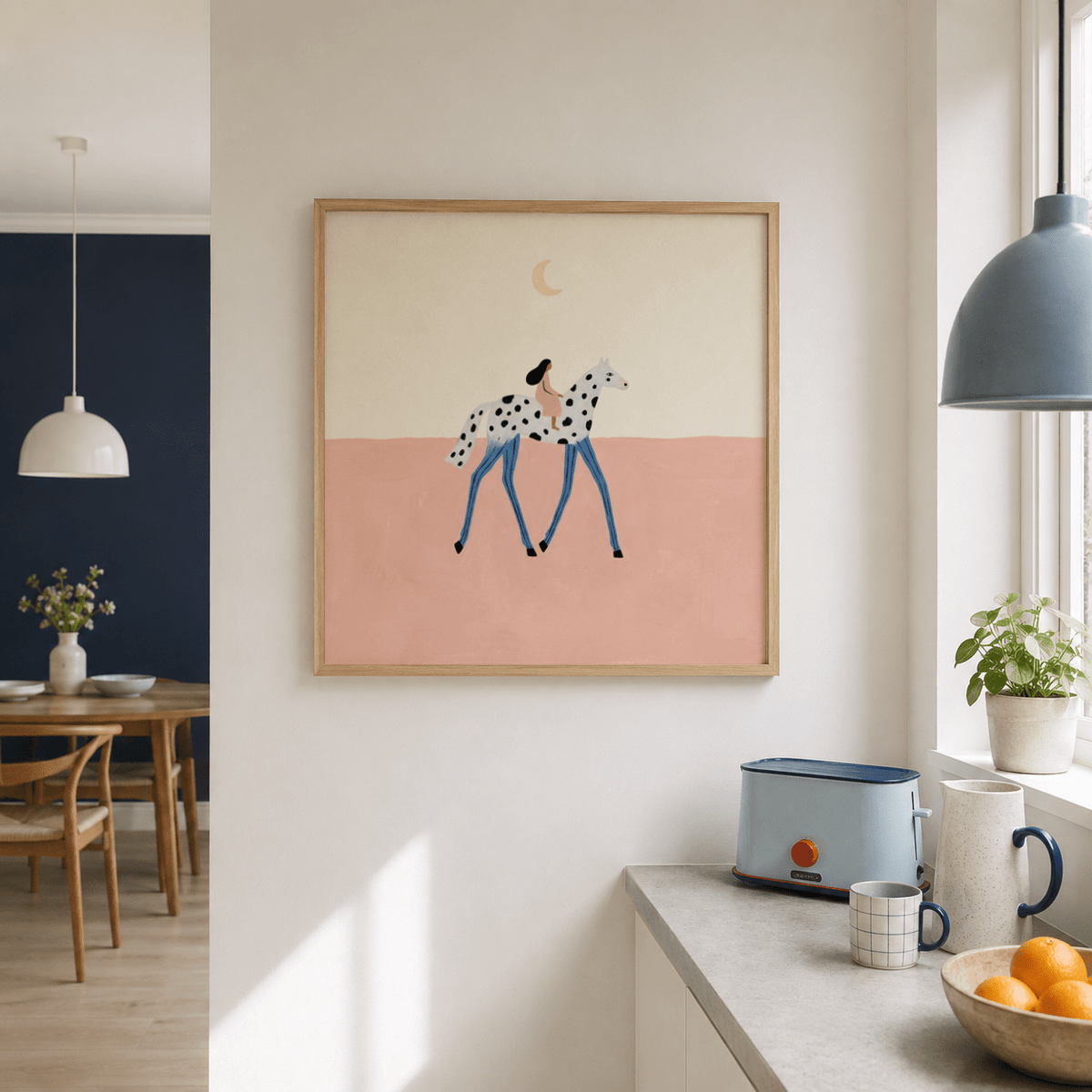Graphic art poster with a spotted horse, striped legs, and a small crescent moon above