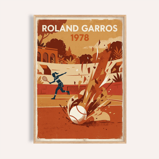 Vintage Tennis Art Print showing player silhouette and oversized ball burst on clay court