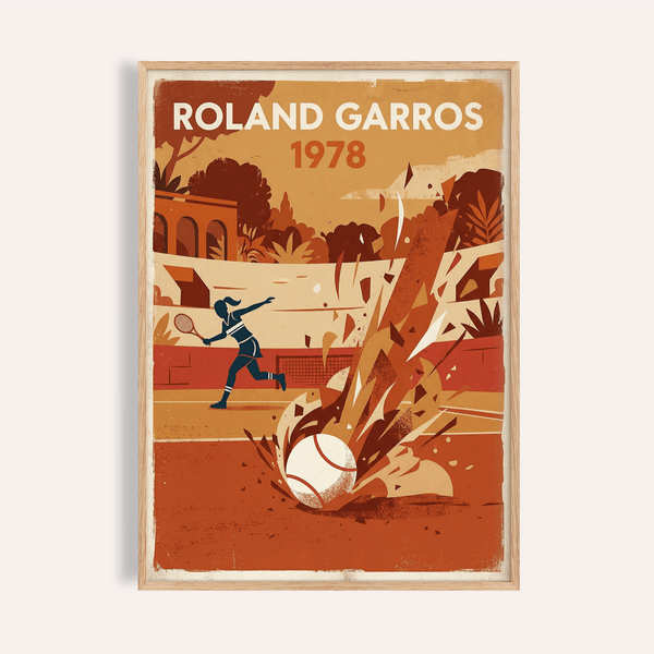 Roland Garros 1978 tennis poster wall art with player silhouette and oversized ball burst