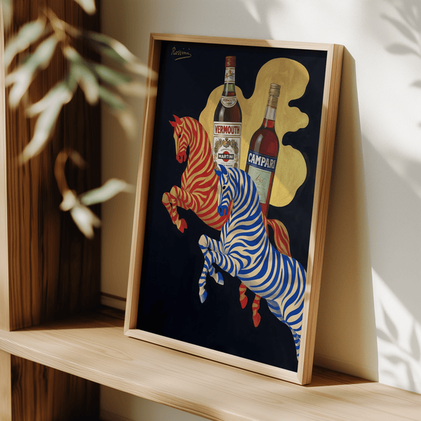 Vintage Beverage Art wall art with vibrant zebras, suited for entertainment room