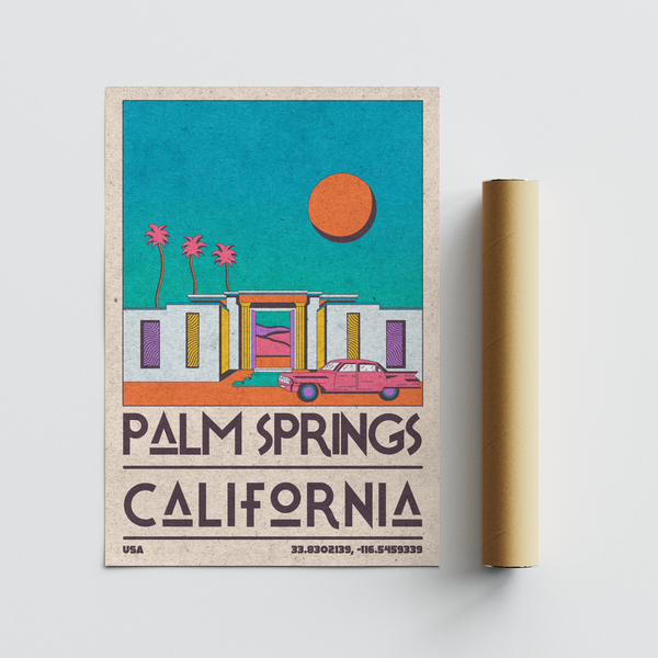 Illustrated travel poster wall art print of Palm Springs California with modern house and desert scene